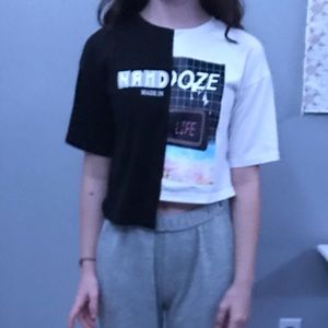 Black&White half and half crop top wording “Namd doze”